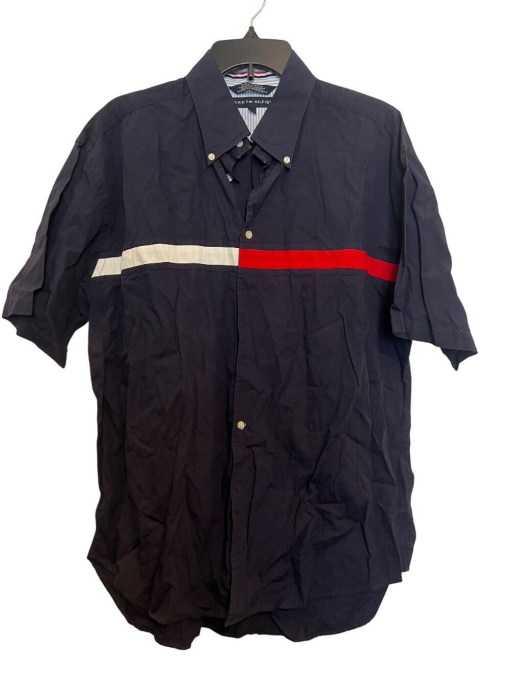 Tommy Hilfiger Mens Navy Button-Down Short Sleeve Shirt L 100% Cotton